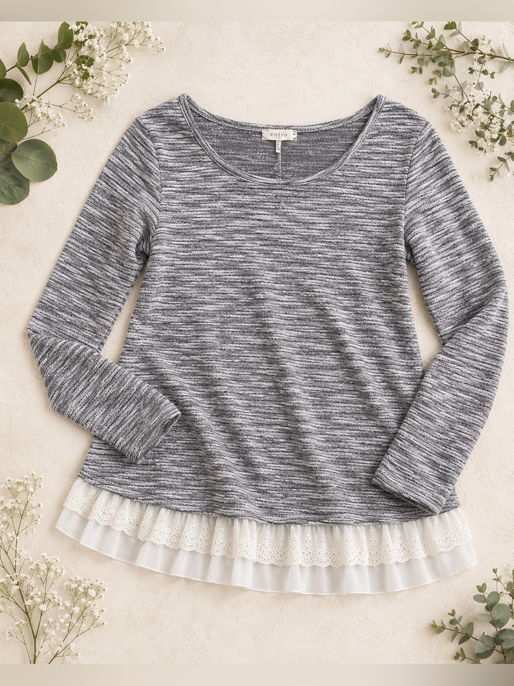 Entro Gray Mixed Media Lace Hem Layered Top Boutique Style Small